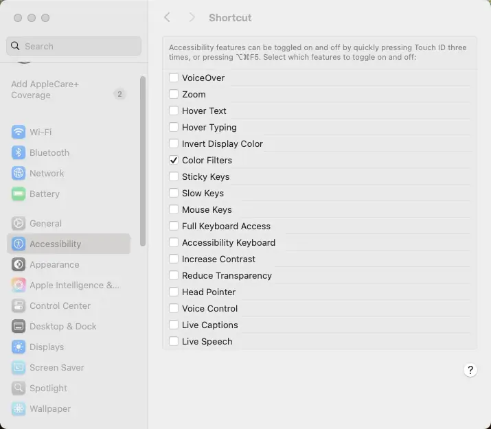 Screenshot of Accessibility shortcuts page with 'Color Filters' selected
