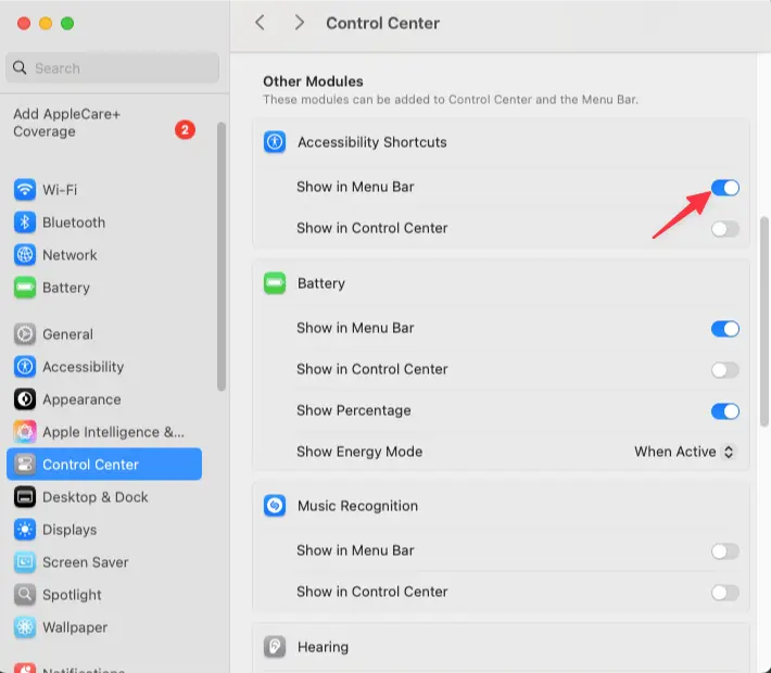 MacOS control center with 'Show in Menu Bar' toggle in the 'on' position.