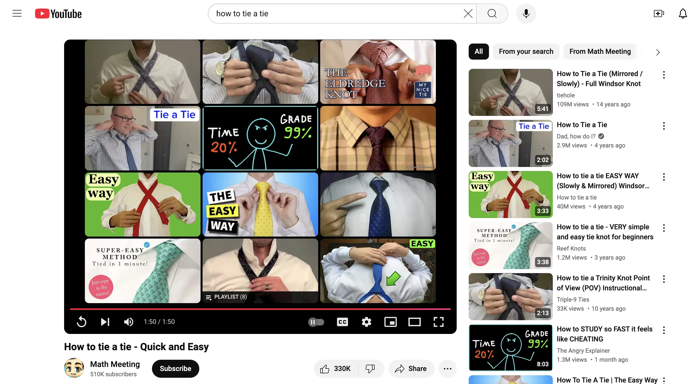 YouTube thumbnails at the end of a video about tying ties show related videos. The sidebar also shows videos related to tying ties.