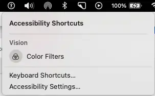 Screenshot of MacOS menu bar showing Color Filters Accessibility Shortcut