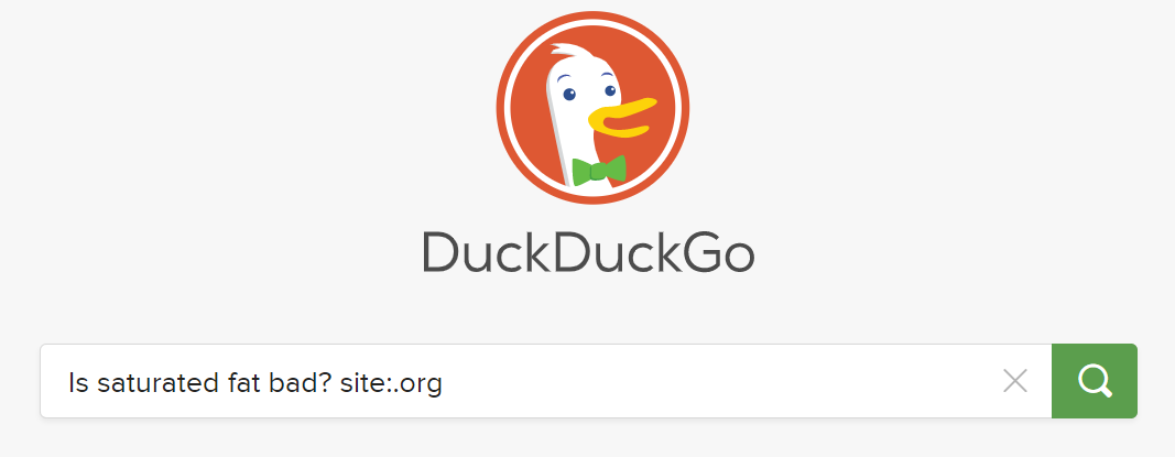 A screenshot of a DuckDuckGo search showing 'Is saturated fat bad? site:.org'