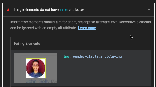 Avatar images do not have alt-text. Google Lighthouse opportunity