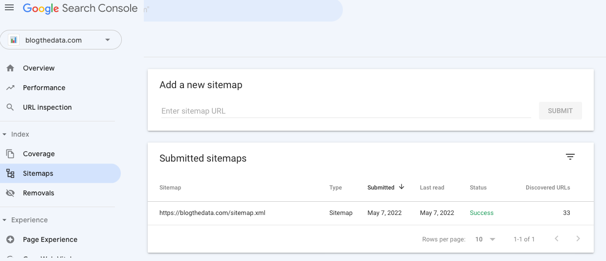 Google sitemap page showing https://blogthedata.com/sitemap.xml having 33 routes detected