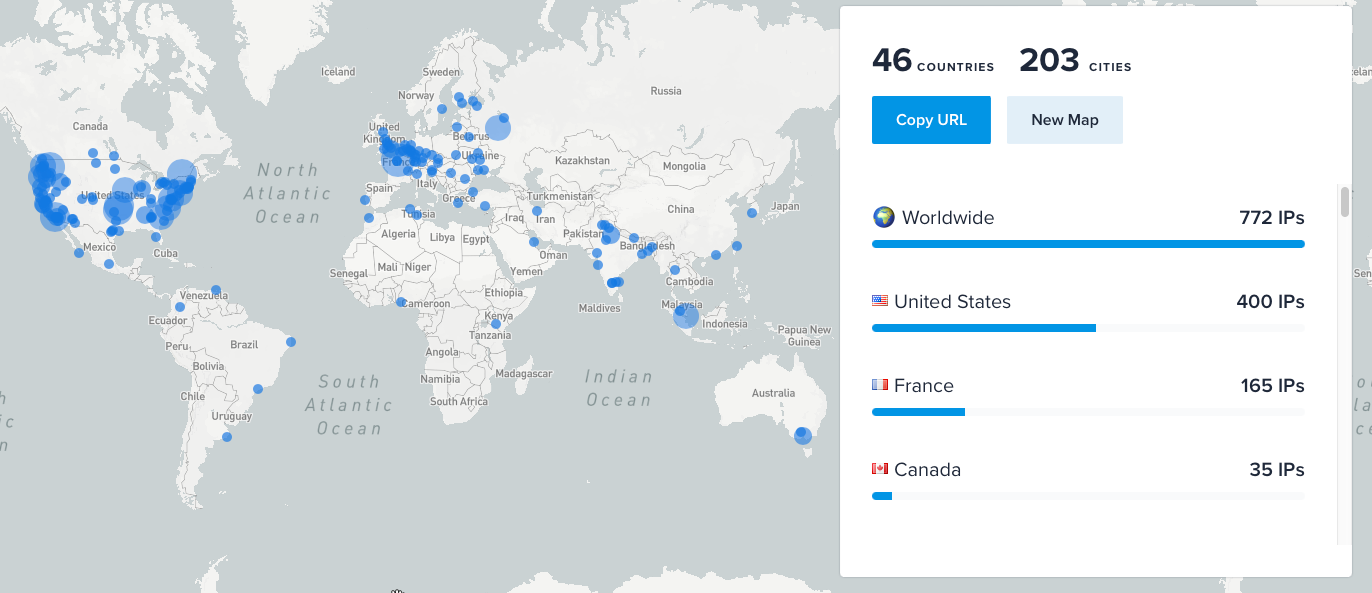 Map of over 700 unique IPs. The top three  countries are the US, Canada, and France