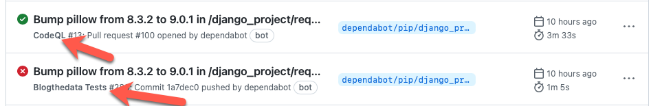 Screenshot of Git Actions showing two workflows. One by blogthedata tests and the other by CodeQL.