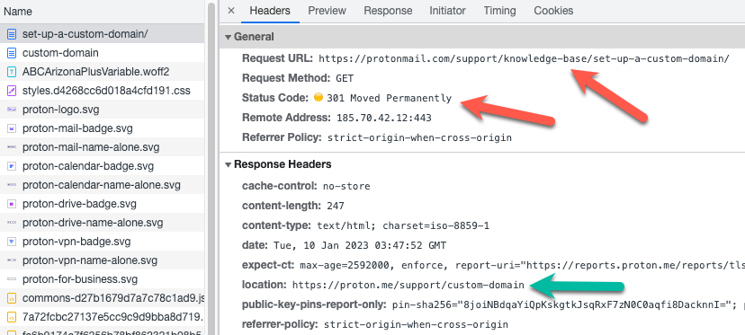 Screenshot of dev console showing 301 redirect for protonmail