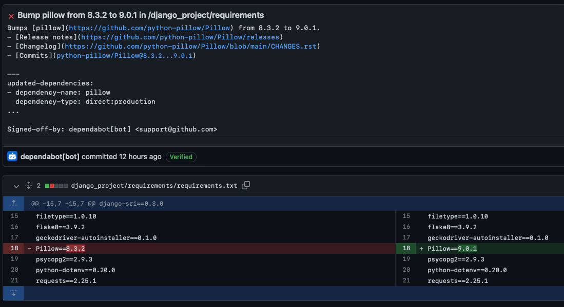 Screenshot of Dependabot PR. Code change from Pillow8.3.2 to 9.0.1