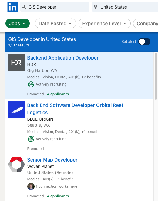 LinkedIn search for 'GIS Developer' with 1K results