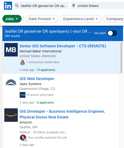 LinkedIn search for Open Source positions with 485 results