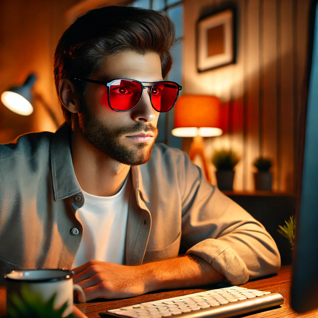 Man with red glasses in red room