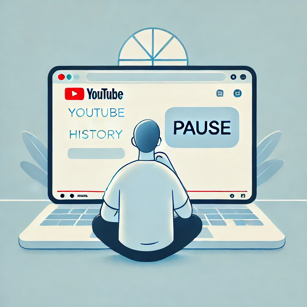 A minimalist illustration showing a person watching YouTube on a laptop. The laptop screen displays a 'pause' button, indicating YouTube history is paused, and the YouTube homepage in the background is blank. The background is light blue, symbolizing a sense of control and peace. The overall scene portrays a clean, distraction-free environment.