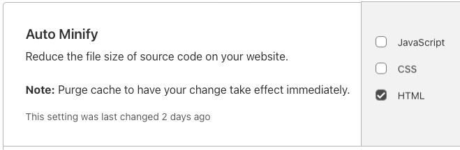 Screenshot of CloudFlare's auto-minify for HTML, CSS, and JS