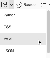 List of languages available to snippet. Python, CSSS, YAML, JSON, Git, SQL