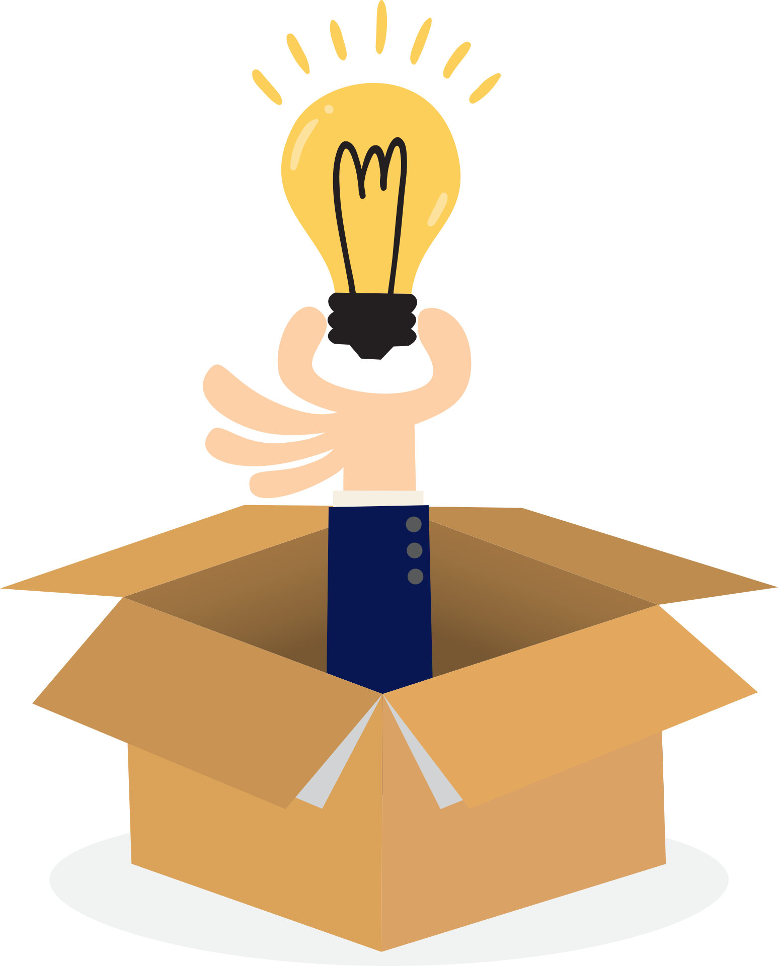 A hand coming out of a box with a lightbulb