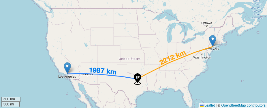 Map of the US showing points in LA, Dallas and NYC.