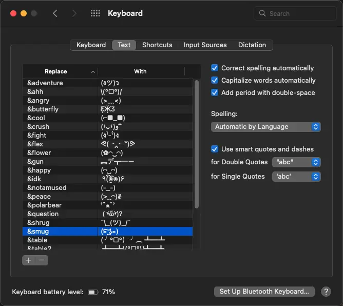 A screenshot of the text replacement menu on MacOS showing several emoji text replacements