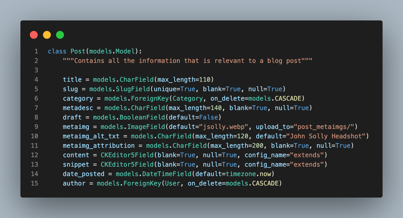 Screenshot of code for Post model